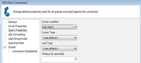 Edit ADO Connection dialog in MAPS, with the Query Properties screen selected.  Cursor Location: Use Client.  Other options left at <use default>.